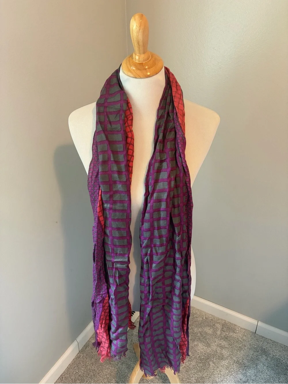 CAbi Purple and Red Pattern Blocked Lightweight Scarf